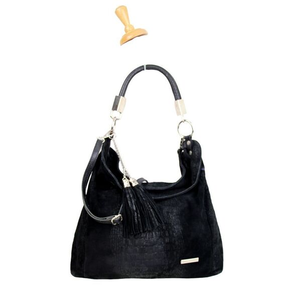 SOFIA CARDONI MADE IN ITALY BLACK SUEDE CROCO PRINT SHOULDER BAG HANDBAG HOBO - Picture 2 of 12